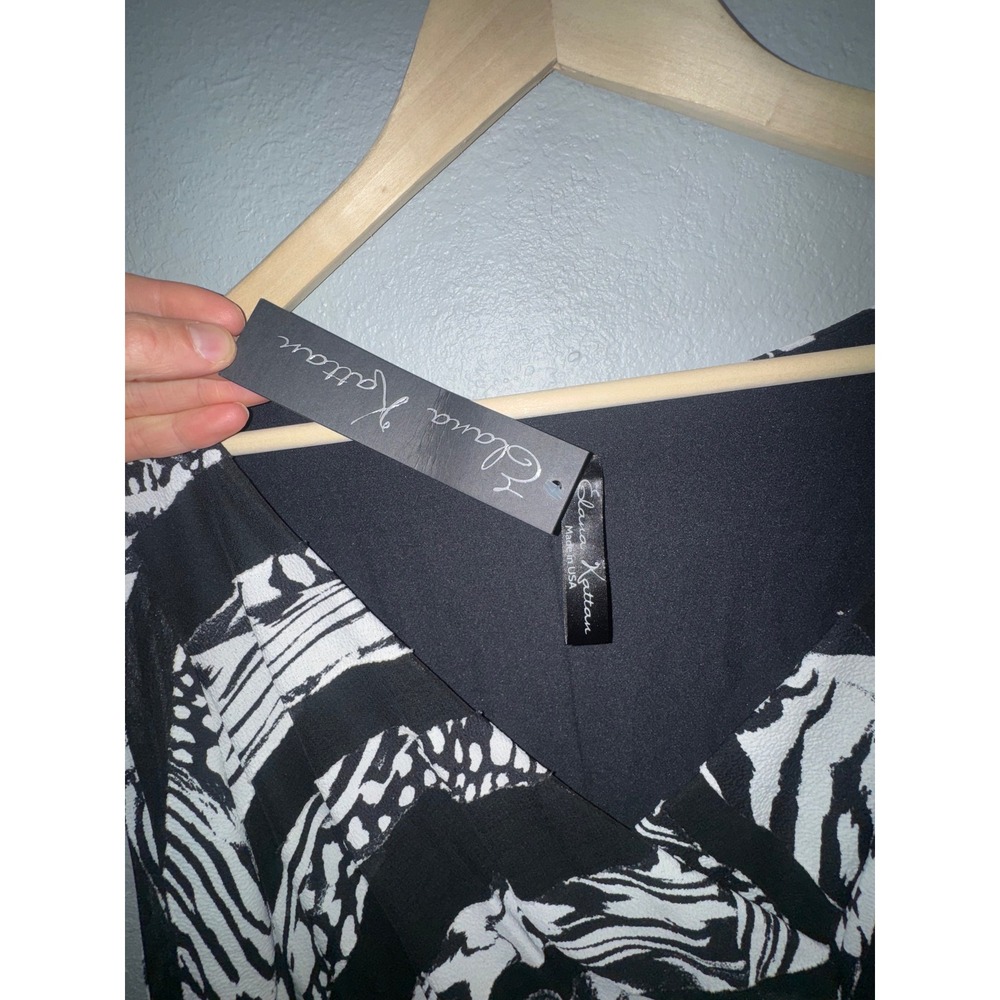 Elana Kattan Black White Abstract Animal Print Ruched Mesh Sleeve Dress M NWT - Picture 4 of 7